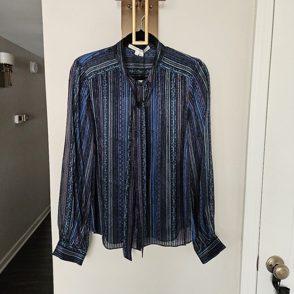 Veronica Beard Navy Malaya Mixed Stripe Tie Silk Button Down Blouse NWT Size 10 - Picture 4 of 14
